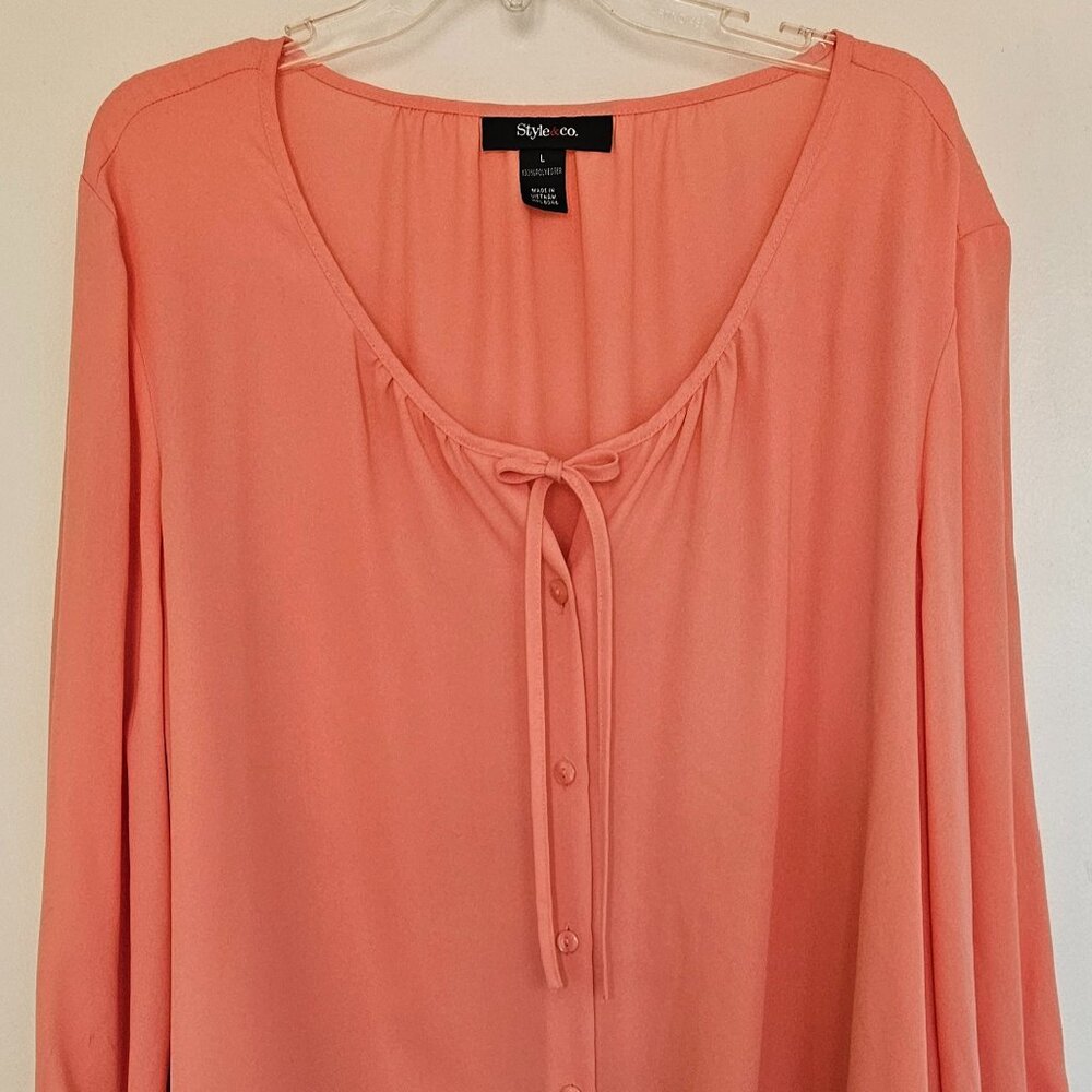 Style & Co sheer light coral 7/8th sleeves blouse with great draping, tie neck